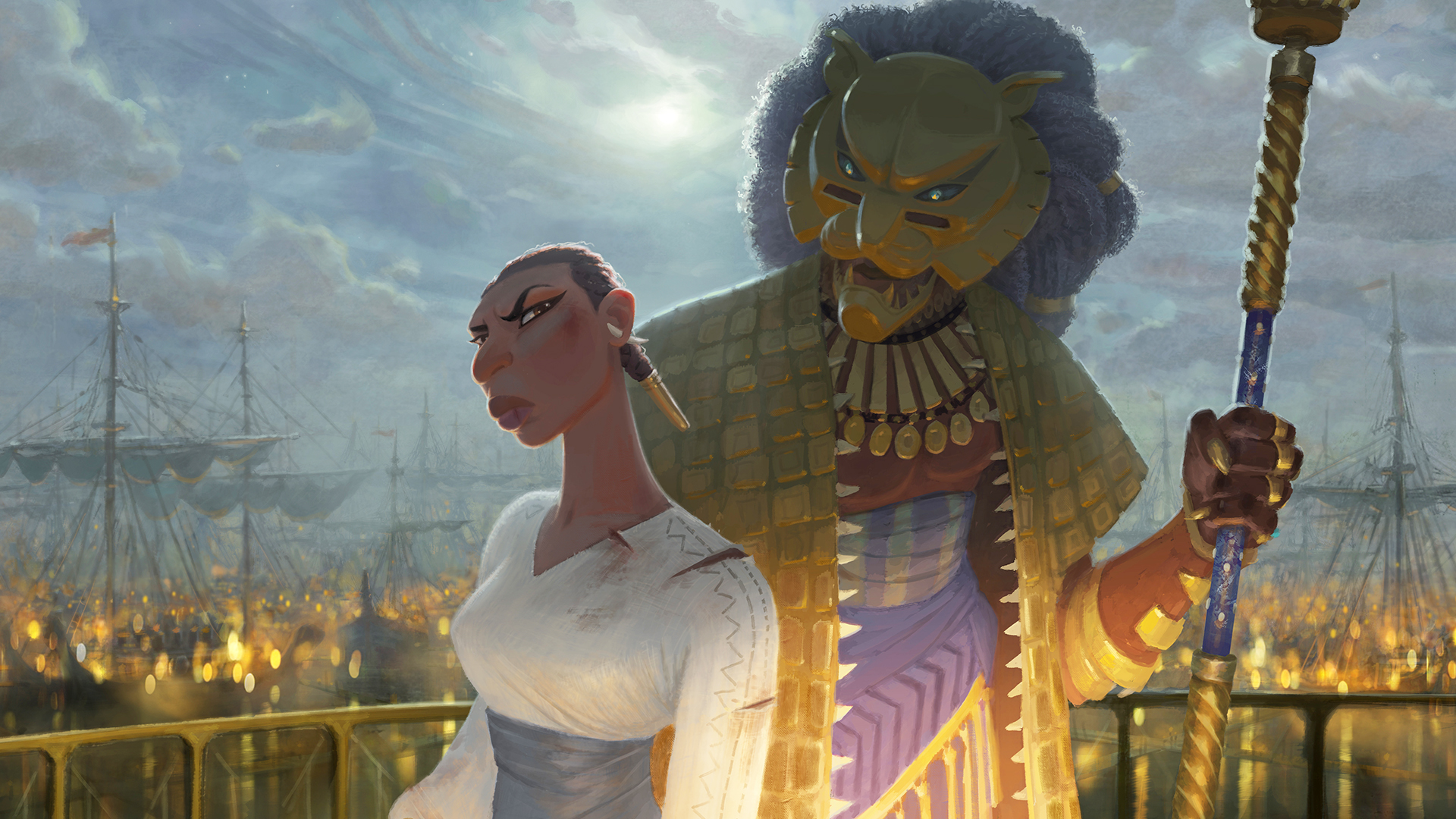 A woman looking behind her at a man wearing a gold lion headpiece in Marvel&#039;s Eyes of Wakanda TV show