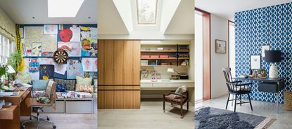Three examples of small home office mistakes. Maximalist, colorful home office with decorated walls. Neutral home office with built in wooden shelving and desk. Desk facing wallpapered wall in open-plan living area.