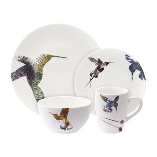 Loveramics Flutter 16 Piece Dinner Set, in white with a design showing the silhouette of hummingbirds - 1 large plate, 1 small plate, 1 bowl and 1 mug