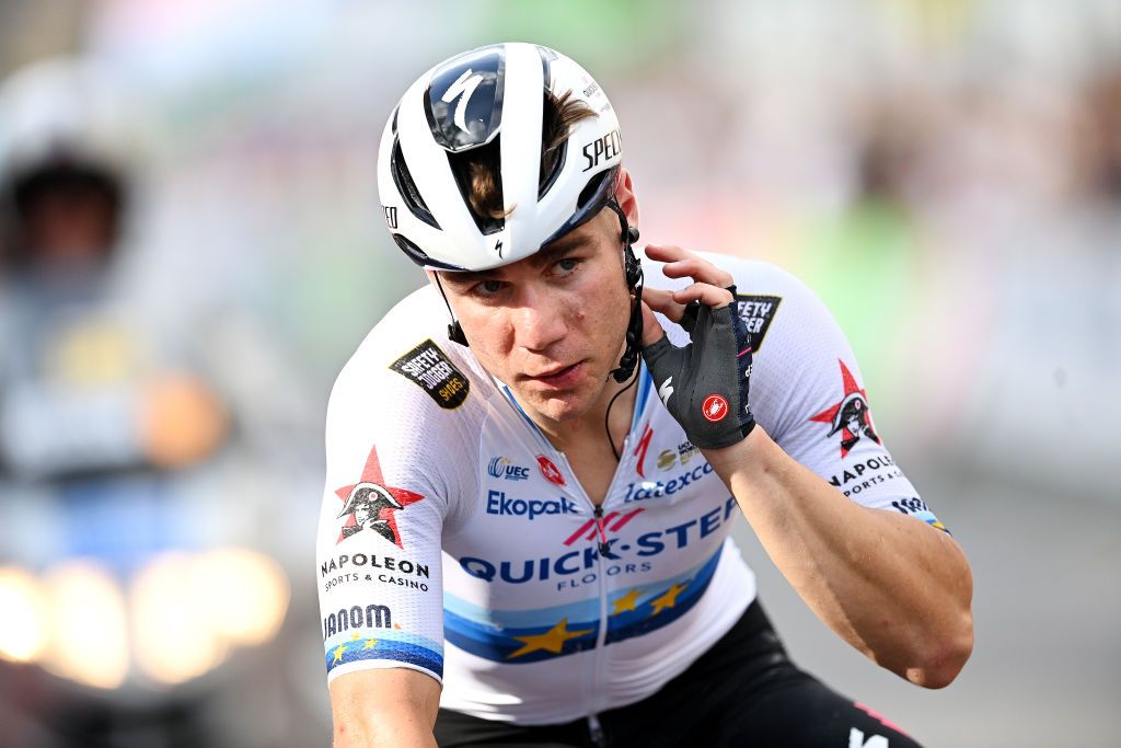 MEININGEN GERMANY AUGUST 25 Fabio Jakobsen of Netherlands and Team QuickStep Alpha Vinyl crosses the finish line during the 37th Deutschland Tour 2022 Stage 1 a 1717km stage from Weimar to Meiningen DeineTour on August 25 2022 in Meiningen Germany Photo by Stuart FranklinGetty Images