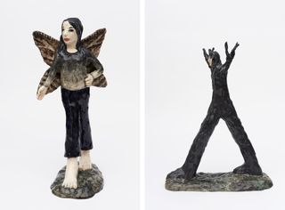 Left: sculpture of a woman with wings. Right: side view of a sculpture depicting a woman
