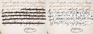 Photo of a redacted passage of a letter dated to January 4,1792 (left) and superimposition of the uncovered language beneath the redactions (right).