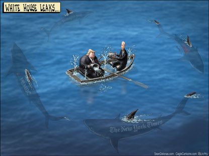 Political cartoon U.S. White House leaks News media sharks