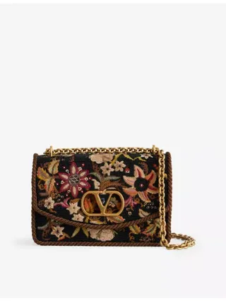 Vain Floral-Embroidered Woven Shoulder Bag