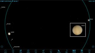 Venus will pass very close to Jupiter on the morning of Nov. 13, when the two brightest planets will be separated by only 16 arc minutes (about half the moon's diameter). The pair will easily fit into the field of view of a low-power eyepiece. Venus will be brighter than Jupiter, and located on the right when flipped by your telescope, as shown here. (The blue circle represents the magnified field of view.) Look for Jupiter's four Galilean satellites in an upright line around the planet. You might also be able to tell that Venus' disk is only 97 percent full, as shown in the enlarged inset.