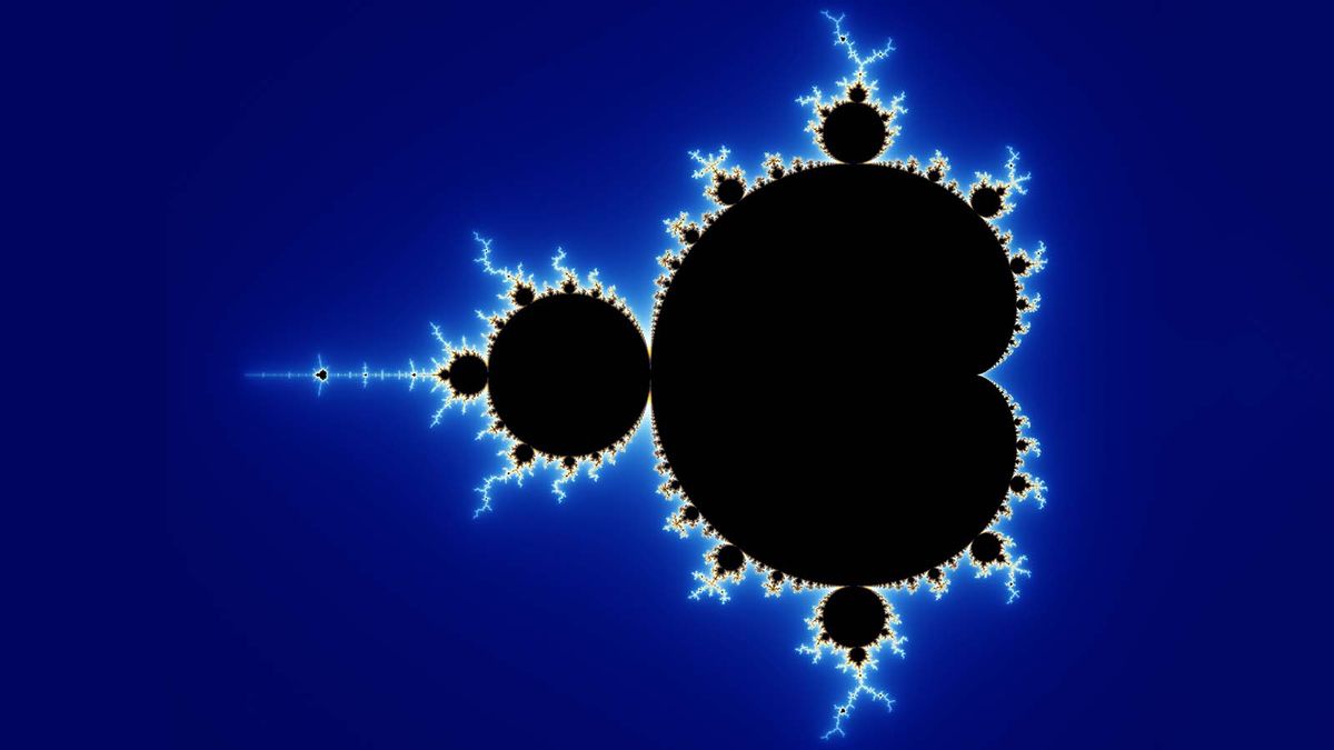 A geometric fractal known as a Mandelbrot set drawn in black against a deep blue background