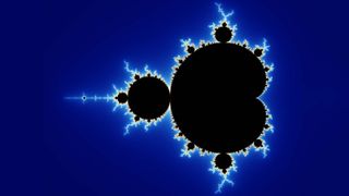 A geometric fractal known as a Mandelbrot set drawn in black against a deep blue background
