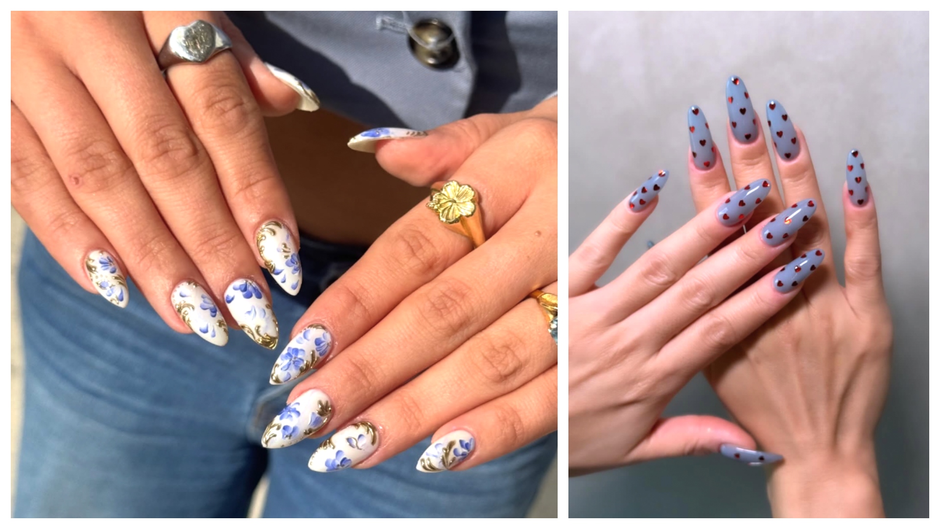 white floral nails and blue polka dot nails