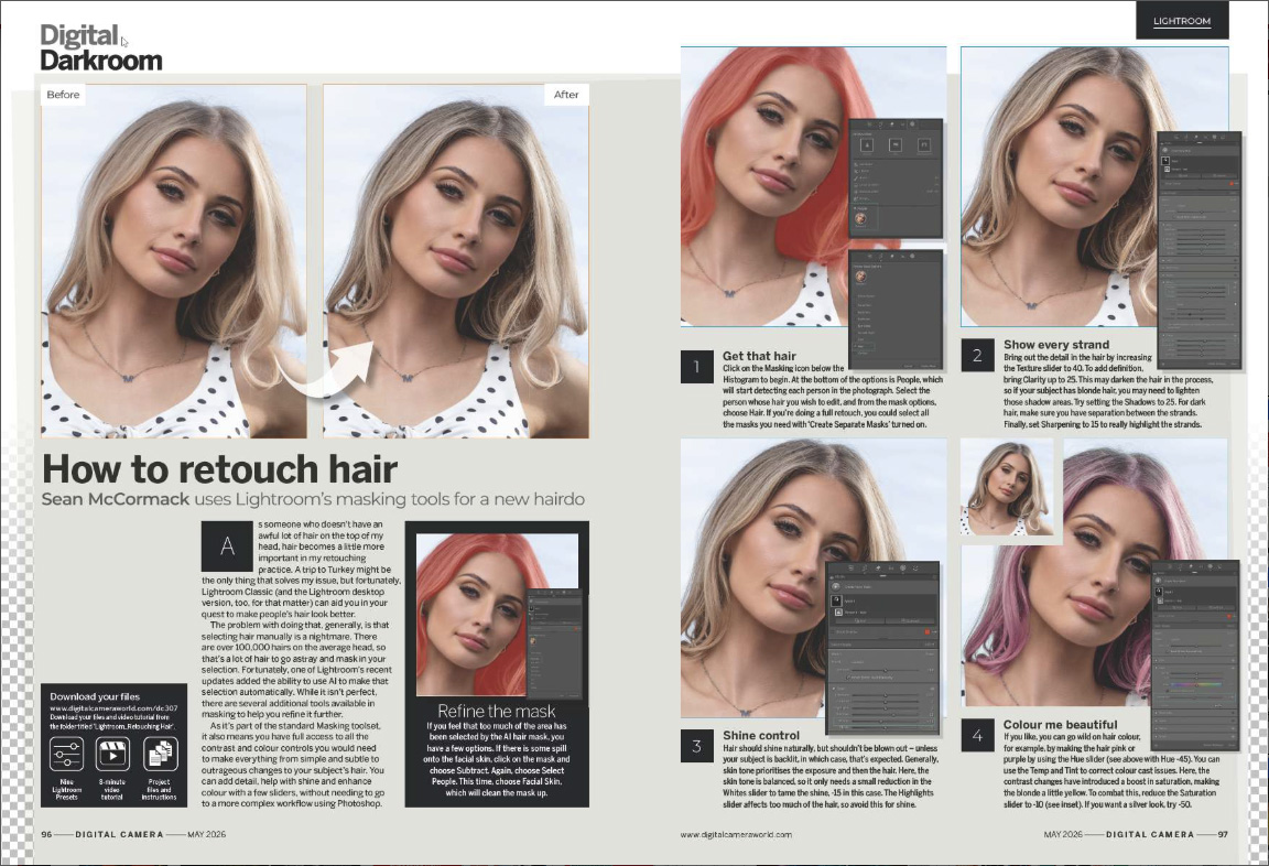 Image showing the Fundamentals tutorial in issue 307 (May 2026) of Digital Camera magazine, showing how to use Adobe Lightroom Classic to retouch hair in portrait photographs
