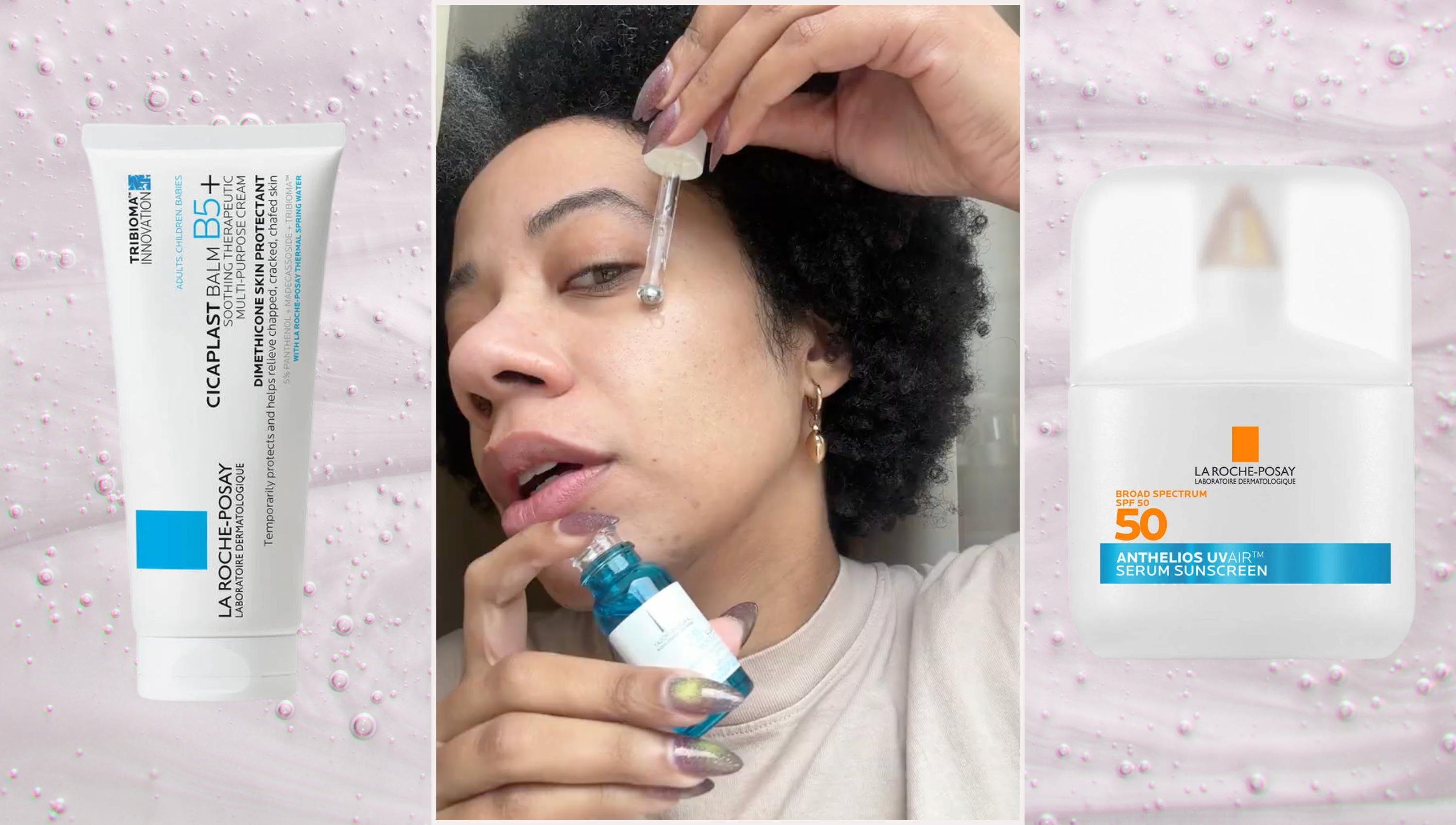 two la roche posay products including a sunscreen and a cream product on a background of bubbly skincare products with a woman applying a serum