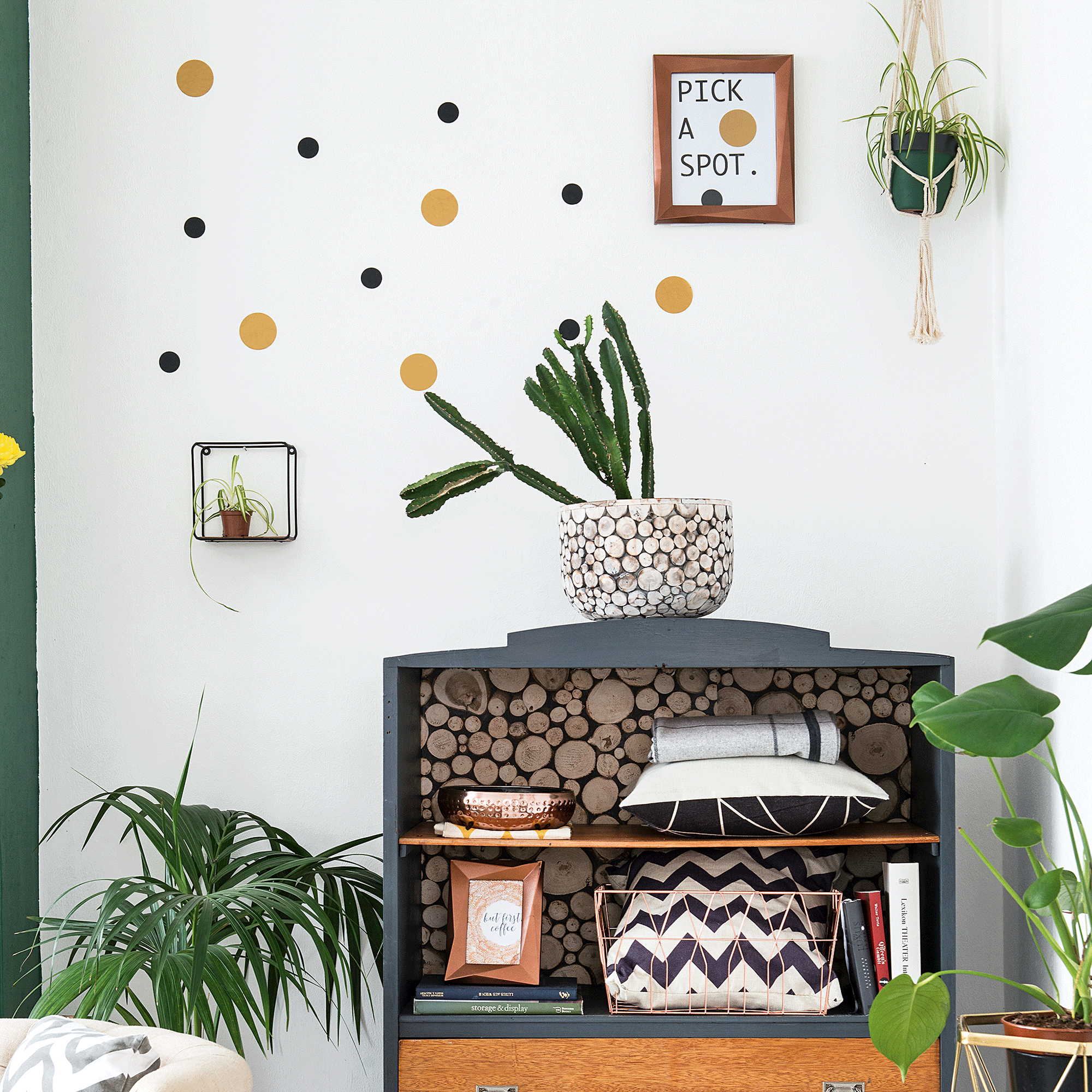 White wall with polka dot wall decals