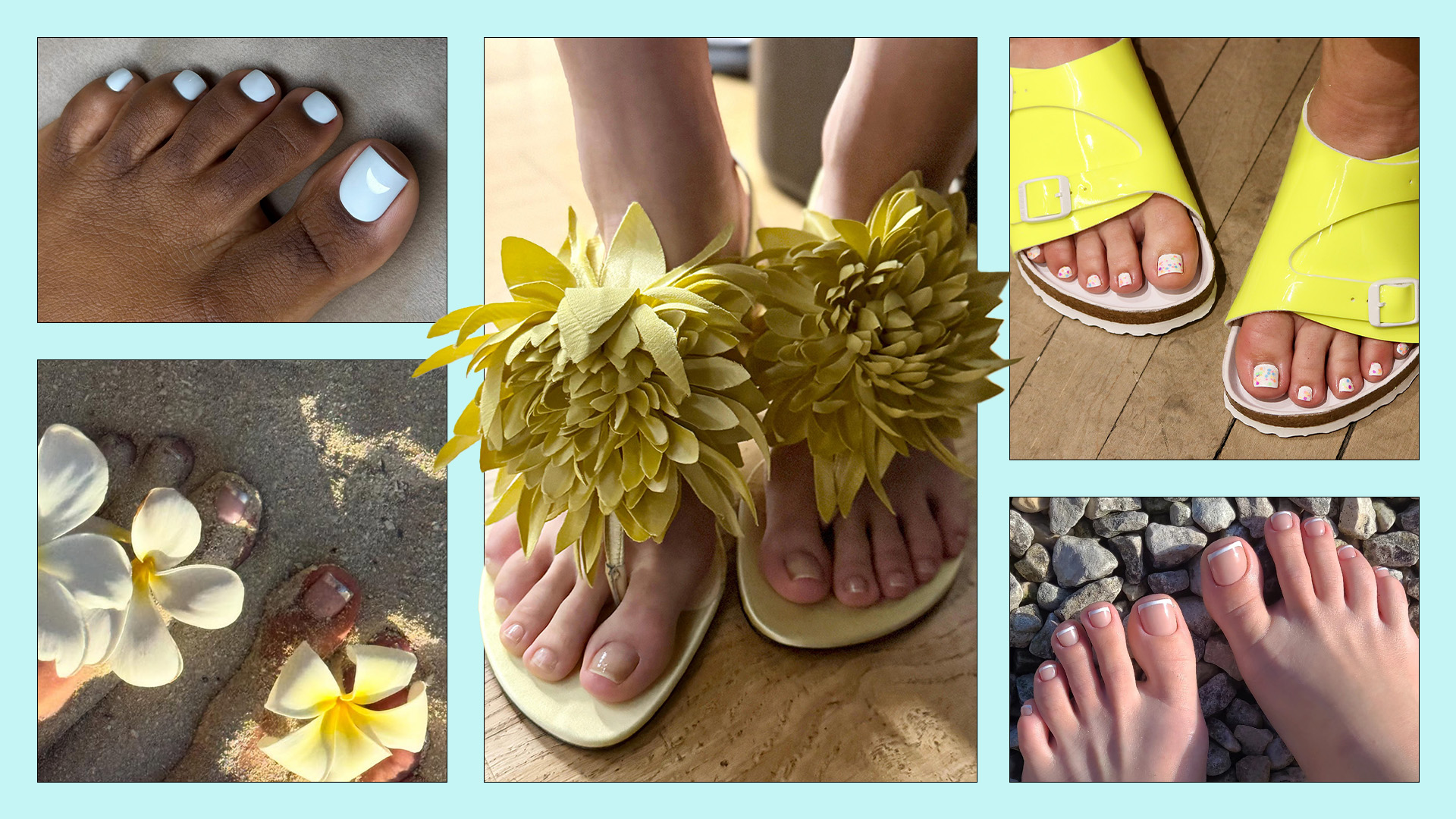 Photo collage of different pedicure trends on a blue background 