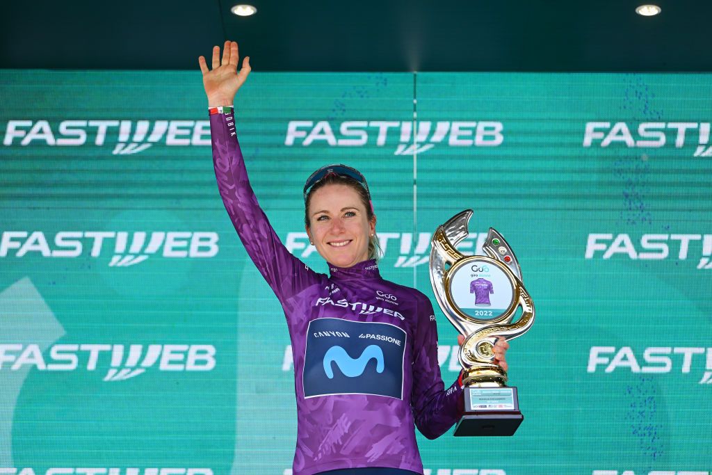 PADOVA ITALY JULY 10 Annemiek Van Vleuten of Netherlands and Movistar Team celebrates winning the purple points jersey on the podium ceremony after the 33rd Giro dItalia Donne 2022 Stage 10 a 905km stage from Abano Terme to Padova GiroDonne UCIWWT on July 10 2022 in Padova Italy Photo by Dario BelingheriGetty Images