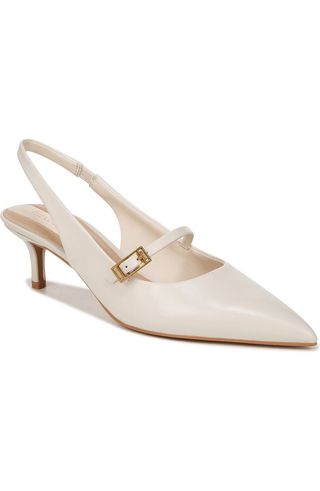 Franco Sarto Khloe Pointed Toe Kitten Heel Pump in white with buckle