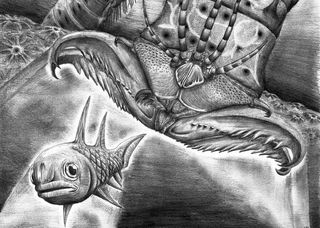 An artist's reconstruction showing <em>W. armstrongi</em> attacking a fish in the Devonian sea. 