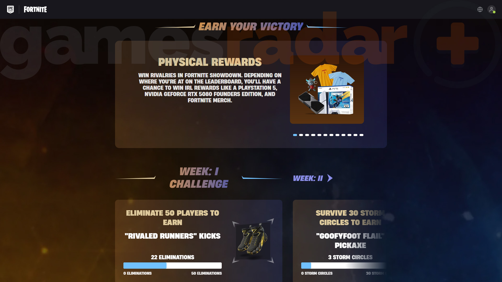 The Fortnite Rivalries Showdown screen on the website