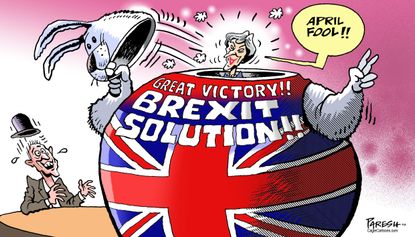 Political Cartoon World Theresa May Brexit April Fools joke