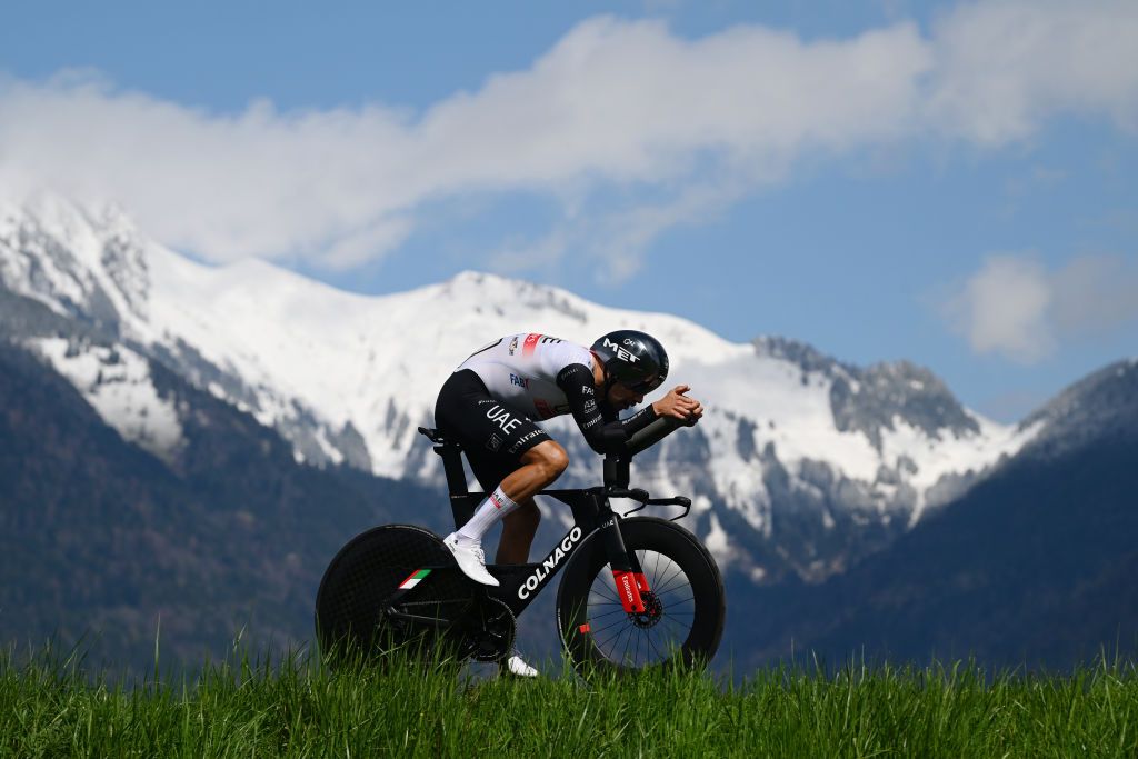 PORTVALAIS SWITZERLAND APRIL 25 Ivo Oliveira of Portugal and UAE Team Emirates sprints during the 76th Tour De Romandie 2023 Prologue a 682km stage from PortValais to PortValais UCIWT on April 25 2023 in PortValais Switzerland Photo by Dario BelingheriGetty Images