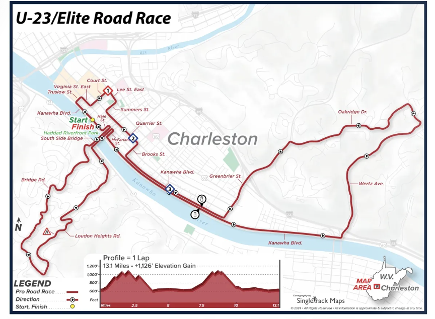Map of road race for U23 and Elite categories at 2024 USA Cycling Pro Road National Championships