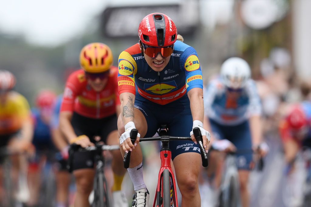 COLCHESTER ENGLAND MAY 24 Clara Copponi of France and Team LidlTrek crosses the finish line during the 10th Ford RideLondon Classique 2024 Stage 1 a 1592km stage from Saffron Walden to Colchester UCIWWT on May 24 2024 in Colchester England Photo by Alex BroadwayGetty Images
