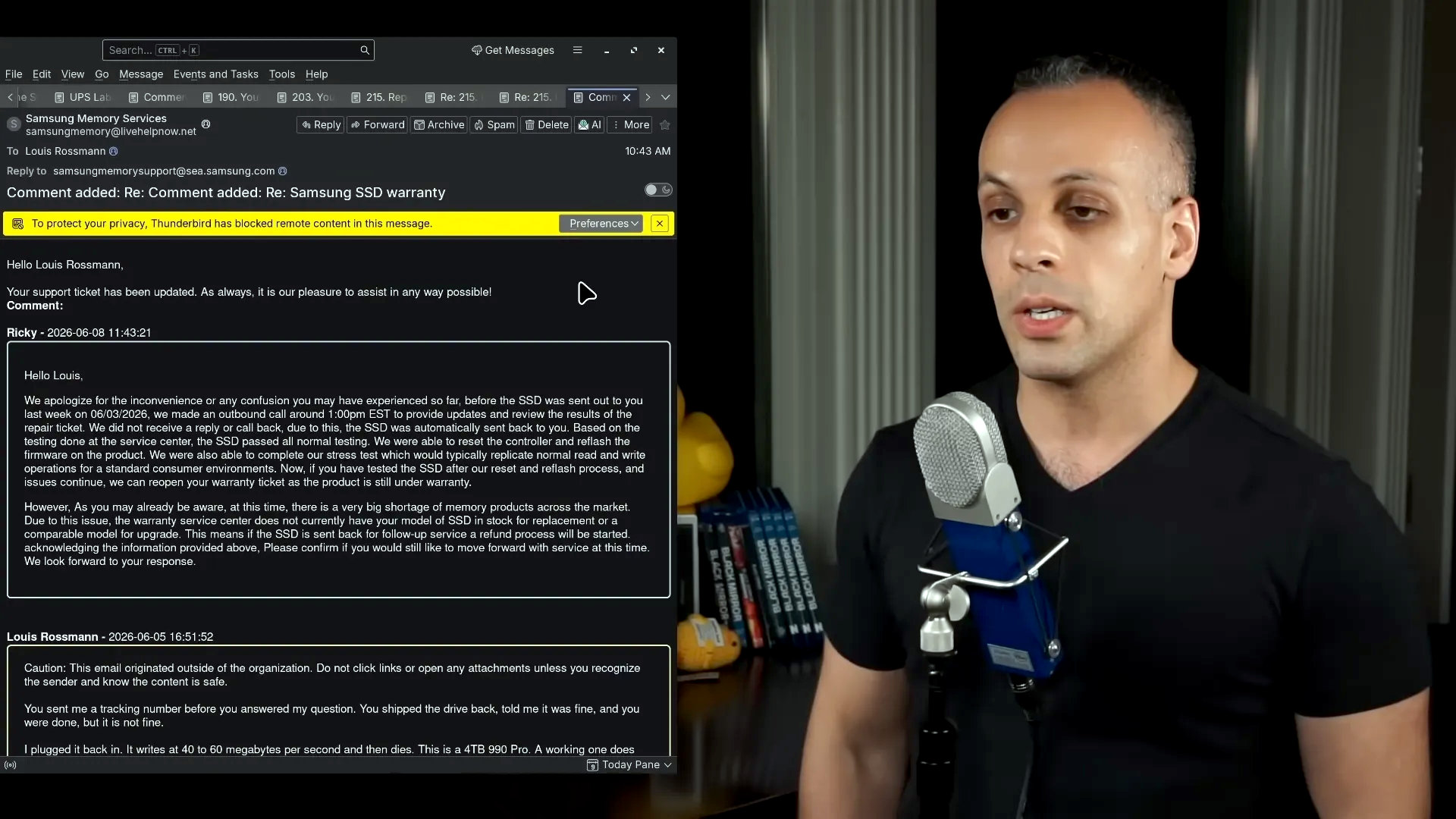 A screenshot of a YouTube video by Louis Rossmann, showing correspondence he received from Samsung about an SSD warranty claim