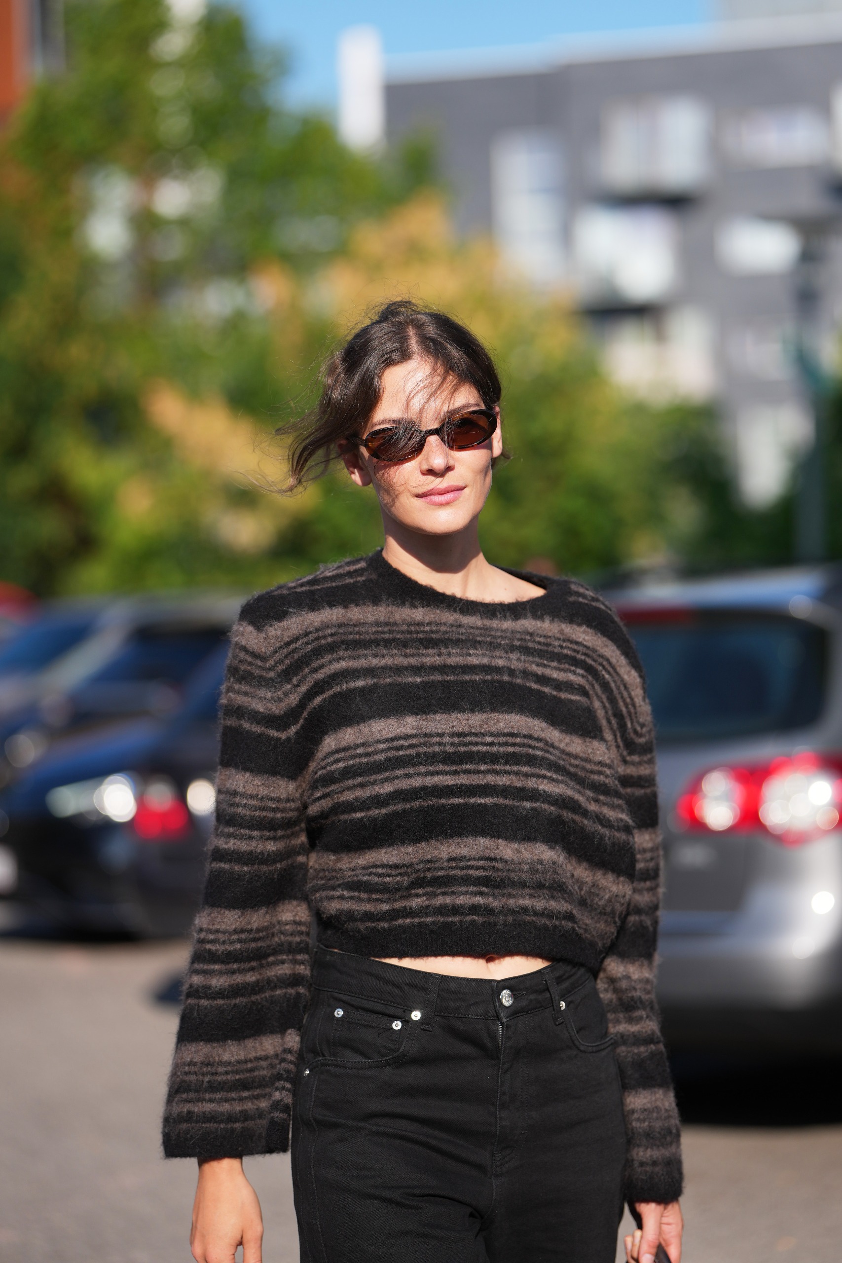 woman in striped brushed sweater street style