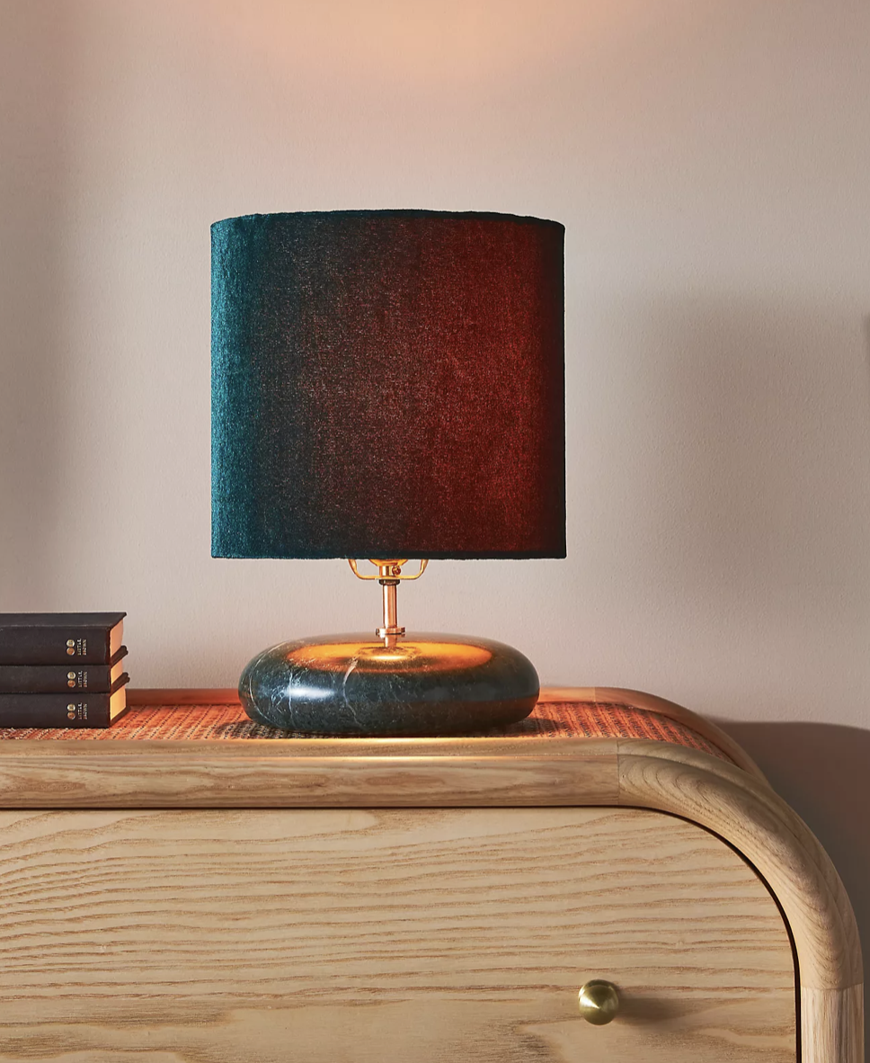 Hunter/emerald green mid-century modern lamp with velvet lampshade.