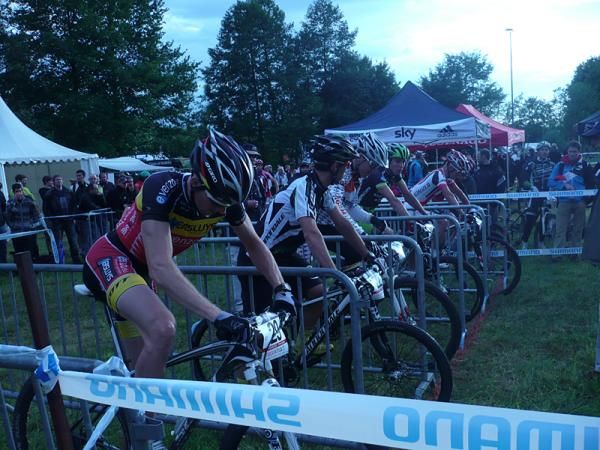 The men lined up for one of the final heats of the eliminator. They have to start with one foot down.