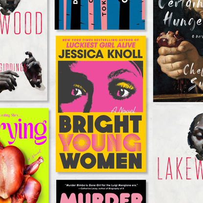 a collage of book covers of feminist thrillers featuring bright young women carrying lakewood and more