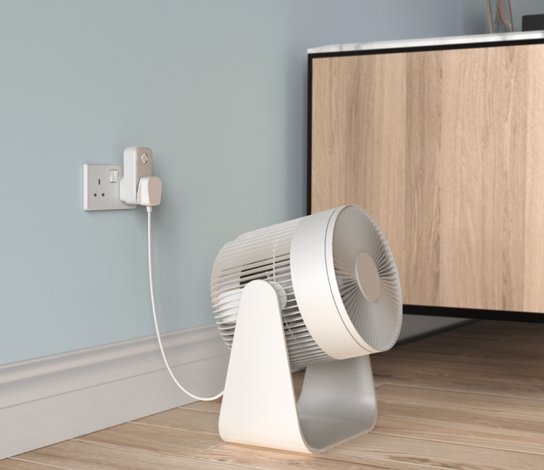 Smart plugs: hive active smart plug used to control fan in pale blue room
