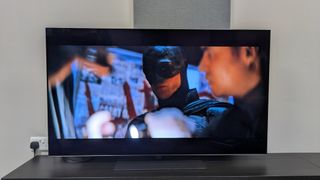 A shot of Batman's face from The Batman on the LG G5 in Dolby Vision Standard mode post firmware update