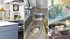 Compilation of three kitchen images to show an extractor fan, a sink being cleaned and a simmering pot of lemeons to show how to make a kitchen smell good