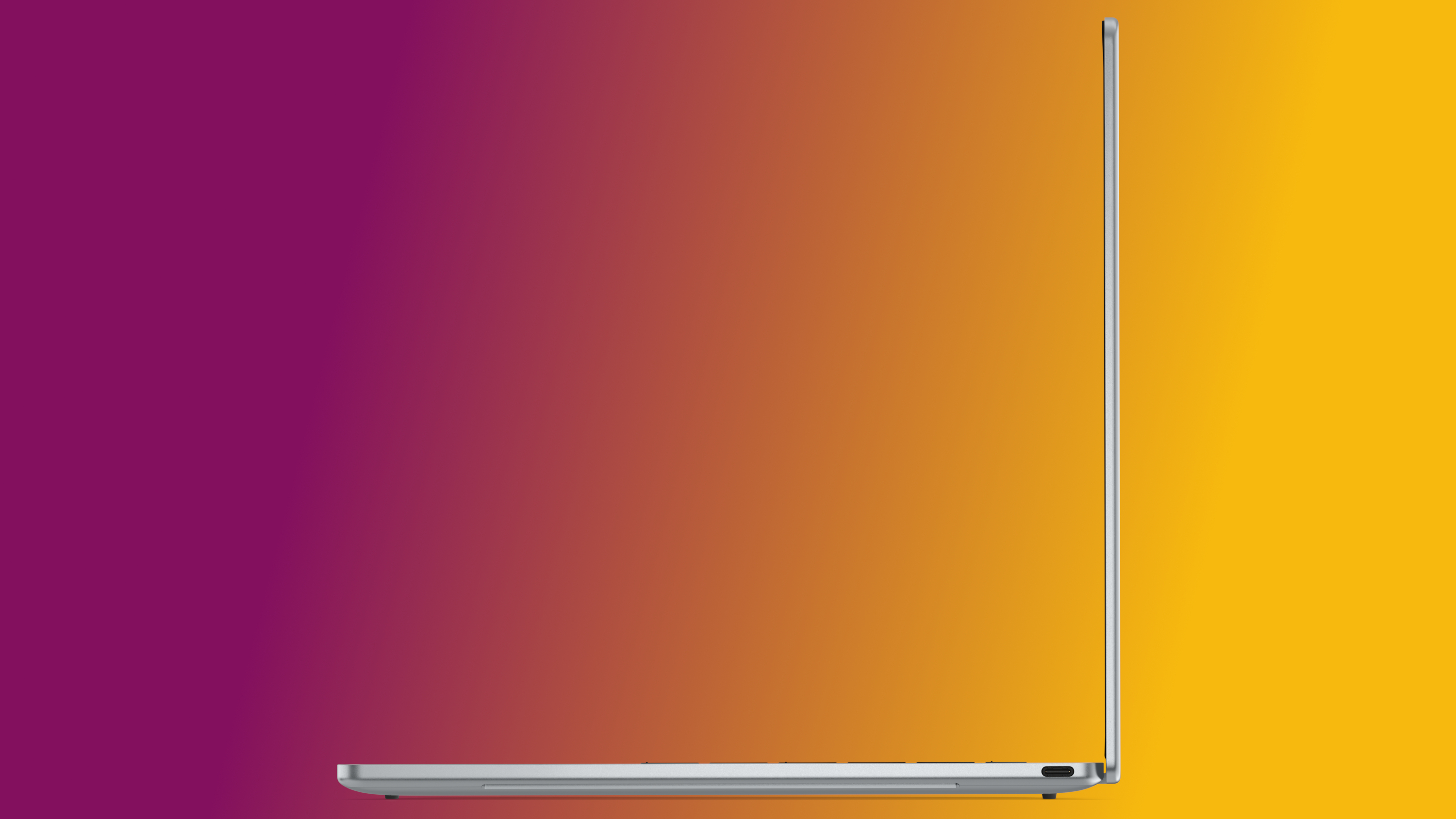 Side profile of an open silver XPS 13 laptop against a magenta to orange gradient background.