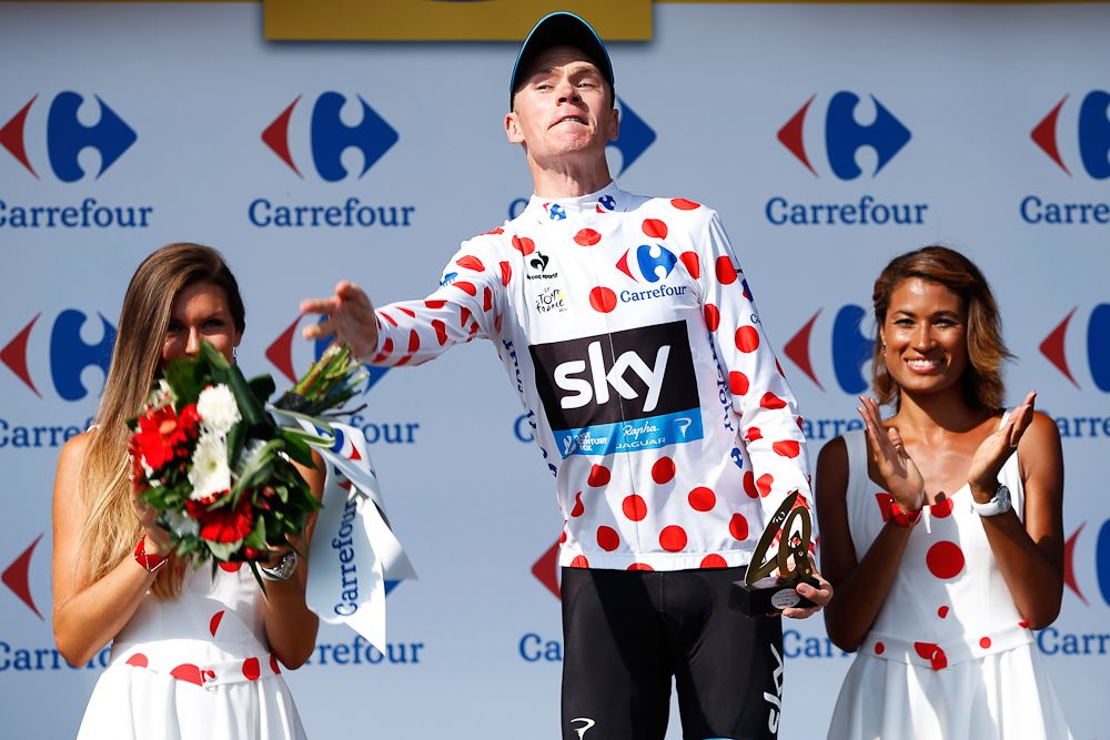 Chris Froome in the polka dot jersey following stage 14.