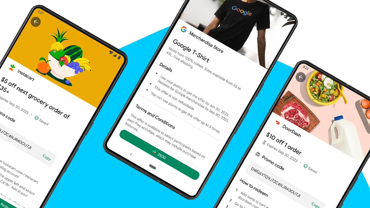 Phone screens showing you ways to spend Play points like DoorDash deliveries and Google t-shirts