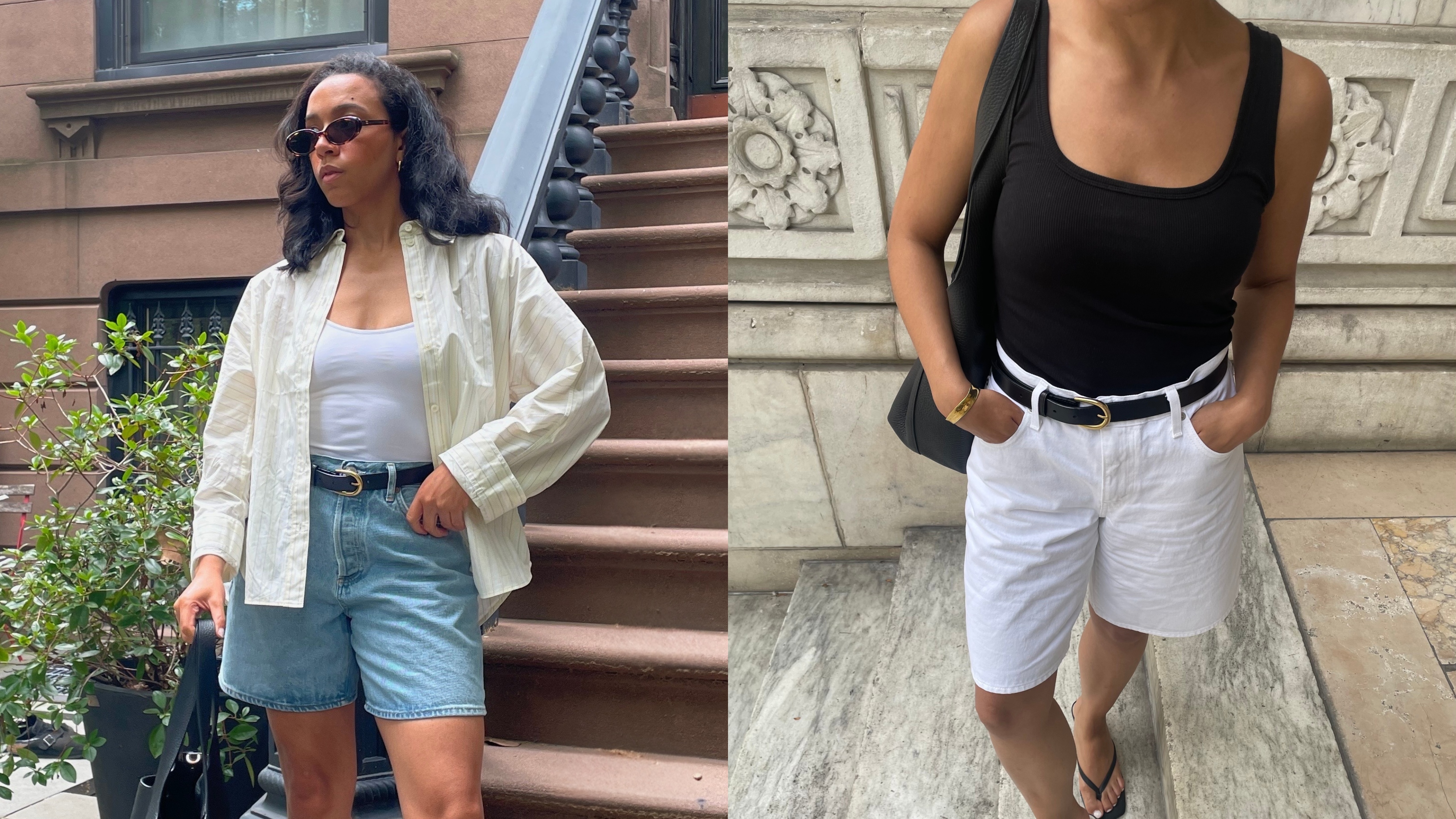 Lauren Tappan wearing a yellow button-down and denim bermuda shorts; Lauren Tappan wearing a black tank top and white denim bermuda shorts 