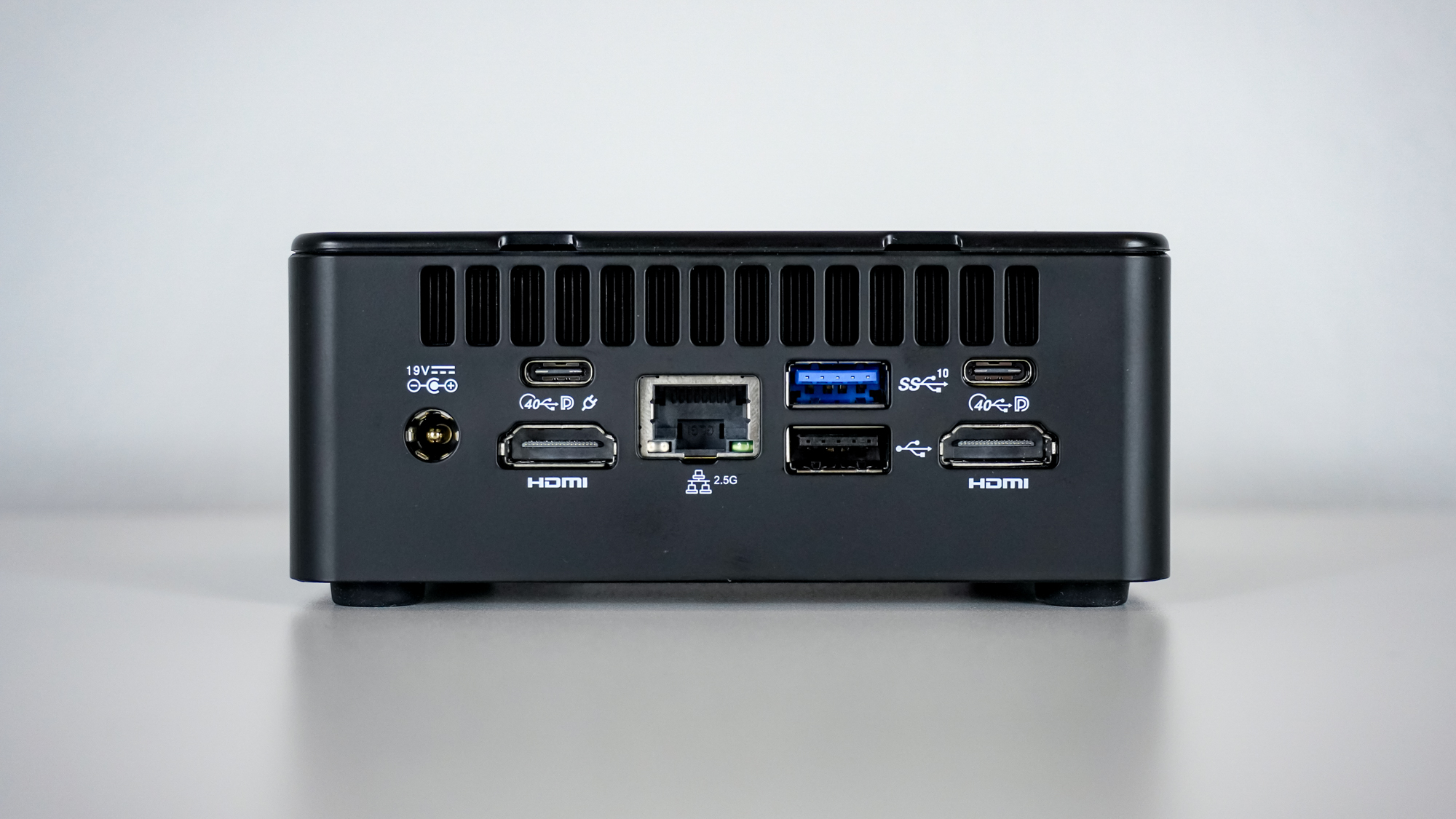 A closeup shot of the Geekom IT15 mini PC&#039;s rear ports