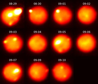 Images of Jupiter's moon Io show the evolution of the eruption as it decreased in intensity over 12 days, from Aug. 30 to Sept. 10.