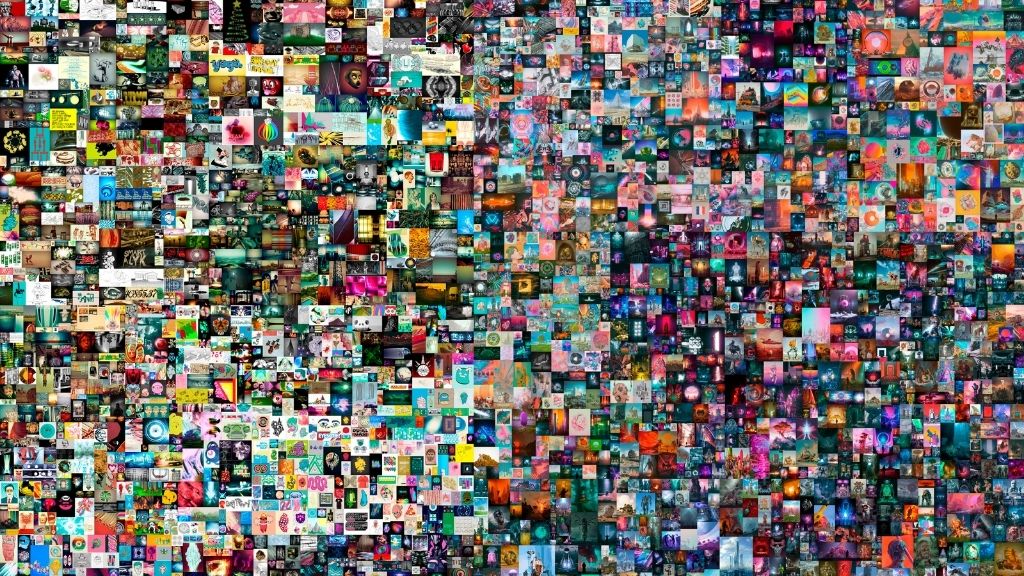 Image shows an art piece by Beeple that contains thousands of tiles, each depicting a different image