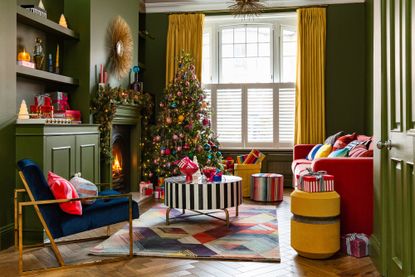 Brightly colored Christmas living room decorations by Amara
