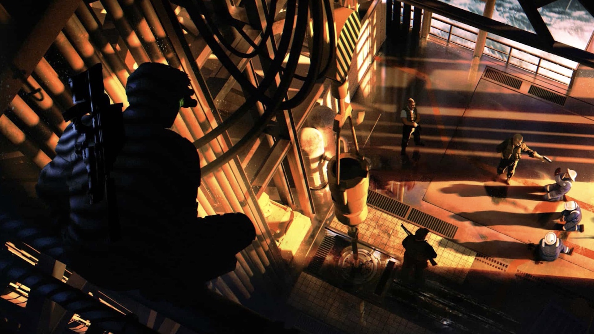 Sam Fisher is perched up high, looking at a group of armed men as they intimidate hostages on the ground below