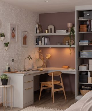 A bedroom with white and purple walls, an office with desks and shelves, and a bookshelf