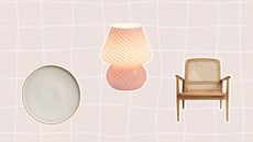 Lamp, plate, and chair on grid background