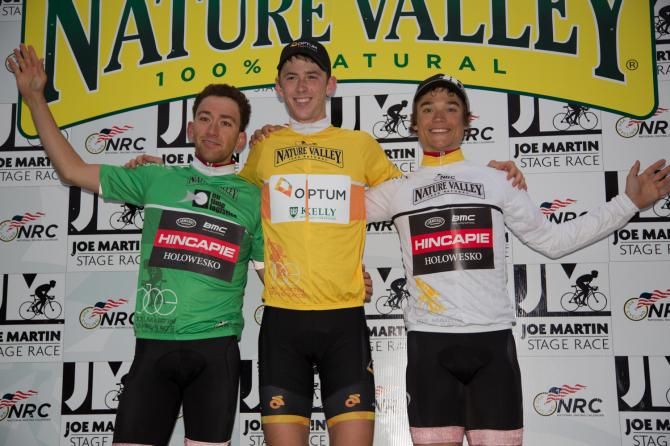 Jersey leaders Chad Haga (Optum) in overall, Robin Carpenter (Hincapie Sportswear Development Team) in U23 jersey, and Joe Lewis in sprint jersey.