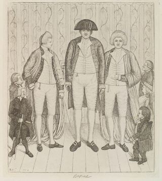 The 18th-century "Irish Giant," Charles Byrne, is shown in this illustration with the Knipe brothers and a gathering of dwarves.