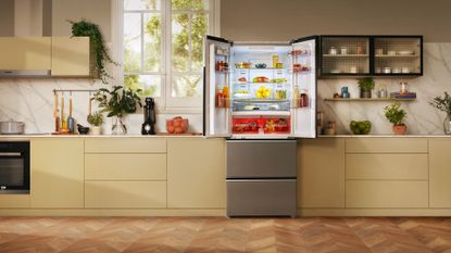 Best fridge freezer, showing large fridge freezer with the doors open in a modern kitchen
