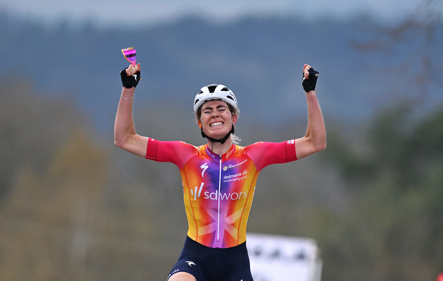 HUY, BELGIUM - APRIL 19: Demi Vollering of The Netherlands and Team SD Worx celebrates at finish line as race winner during the 26th La Fleche Wallonne Feminine 2023 a 127.3km one day race from Huy to Mur de Huy / #UCIWWT / on April 19, 2023 in Huy, Belgium. (Photo by David Stockman/Getty Images)