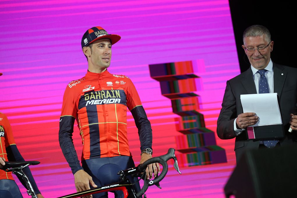 Vincenzo Nibali (Bahrain Merida) on stage at the Giro presentation