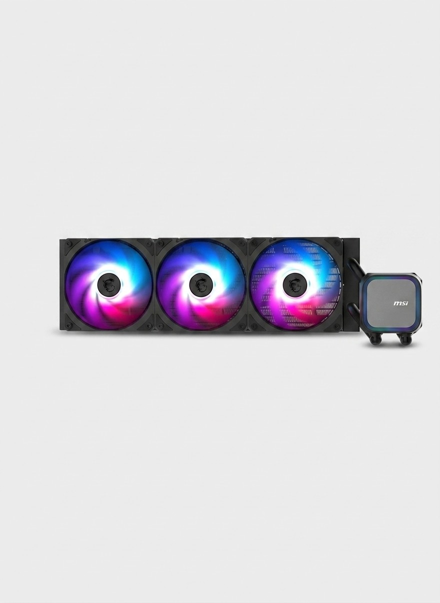 An MSI MAG Coreliquied A13 360 mm CPU liquid cooler, with its fans lit up in blue and pink, on a grey background