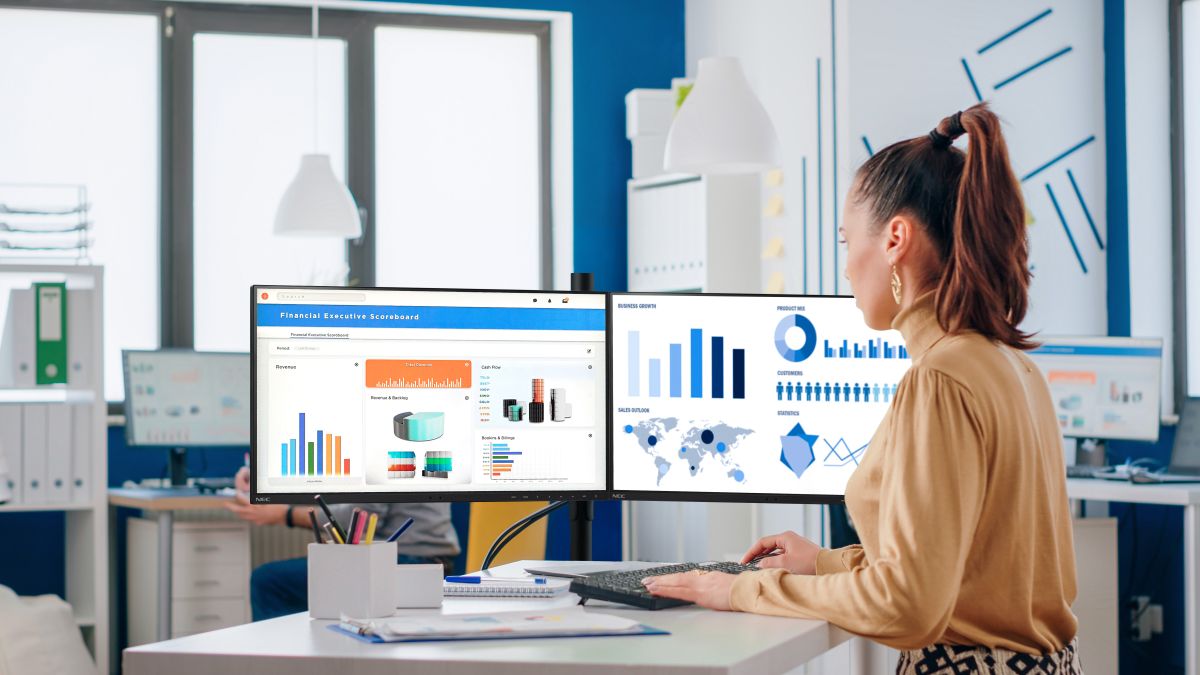 A woman using two Sharp NEC Displays seeing everything in detail.